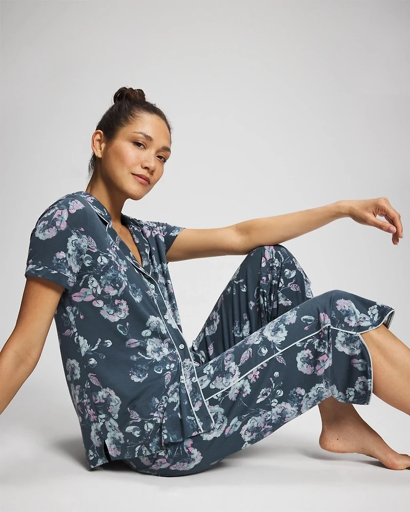 Piped Short Sleeve Notch Collar Pajama Top