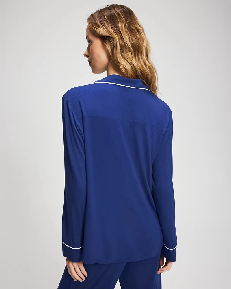 Long Sleeve Notch Collar w/ Piped Placket Pajama Top