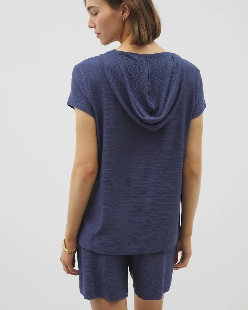 Crinkle Knit Short Sleeve V-Neck Hoodie
