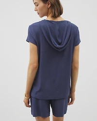 Crinkle Knit Short Sleeve V-Neck Hoodie