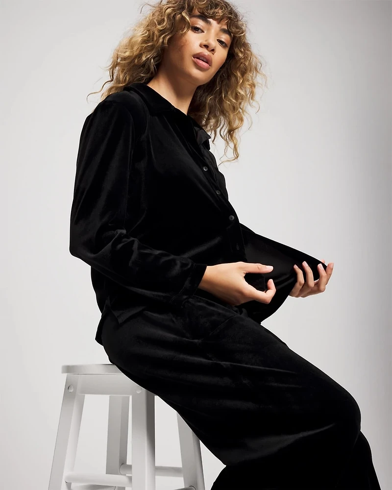 Velvet Long Sleeve Notch Collar Pajama Top
