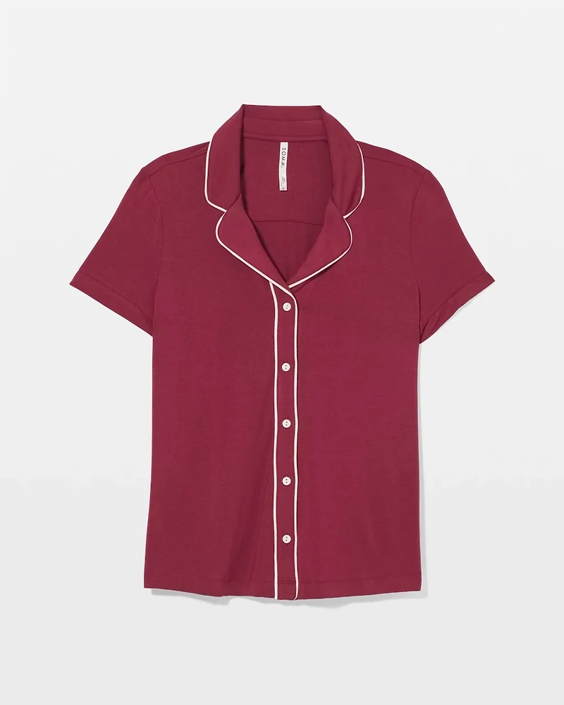 Solid Short Sleeve Notch Collar Pajama Top