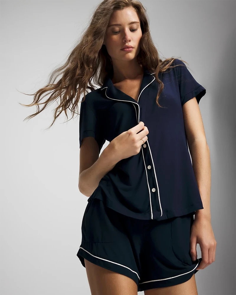Solid Short Sleeve Notch Collar Pajama Top