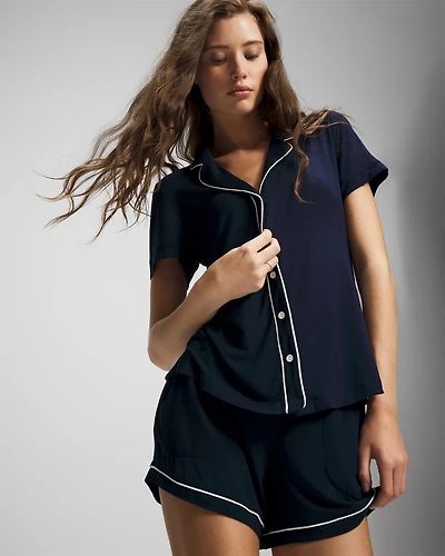 Solid Short Sleeve Notch Collar Pajama Top