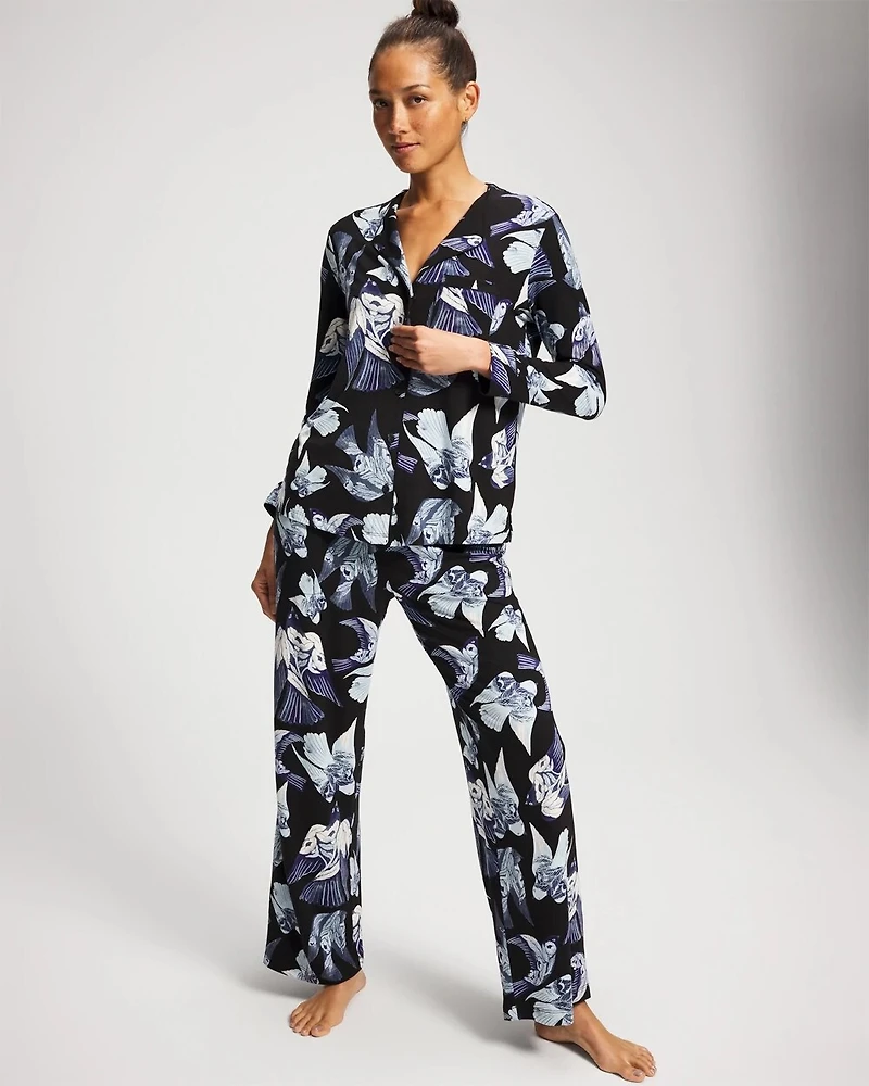 Piped Long-Sleeve Notch Pajama Top