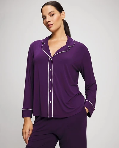 Long Sleeve Notch Collar w/ Piped Placket Pajama Top