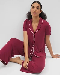 Solid Short Sleeve Notch Collar Pajama Top