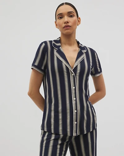 Piped Short Sleeve Notch Collar Pajama Top