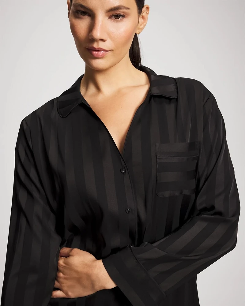 Shadow Stripe Long Sleeve Pajama Notch Collar Top