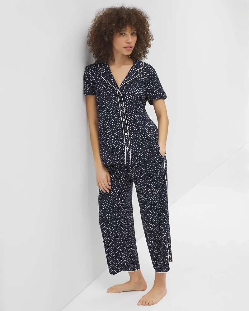 Piped Short Sleeve Notch Collar Pajama Top