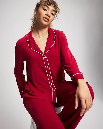 Long Sleeve Notch Collar w/ Piped Placket Pajama Top