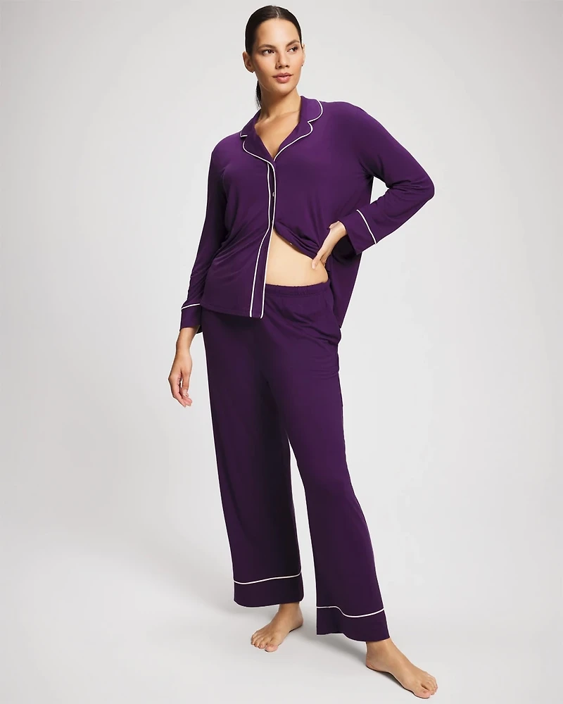 Long Sleeve Notch Collar w/ Piped Placket Pajama Top