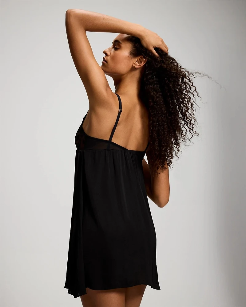 Crinkle Satin + Embroidery Babydoll Chemise