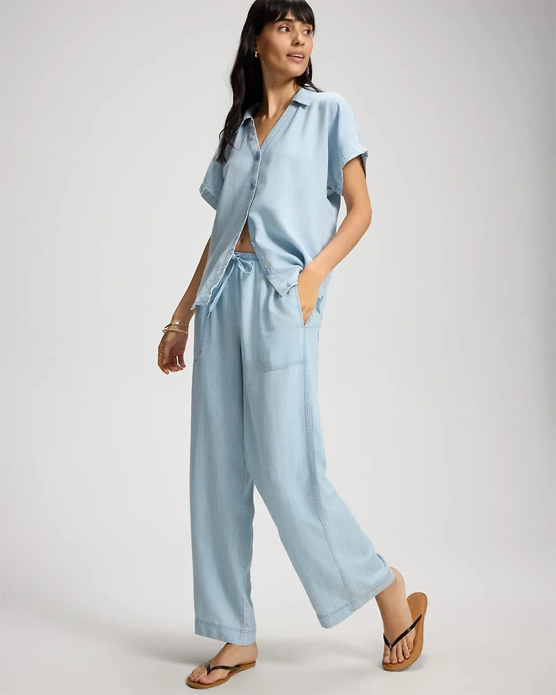 Chambray Relaxed Wide-Leg Pants