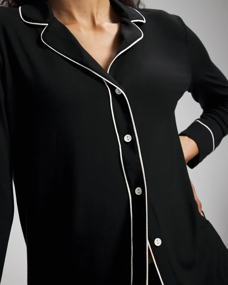 Long-Sleeve Notch Collar Pajama Top