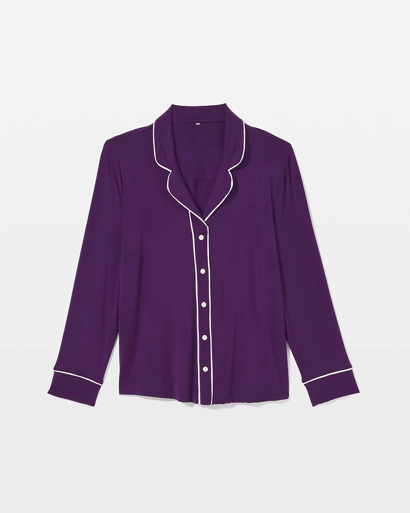 Long Sleeve Notch Collar w/ Piped Placket Pajama Top