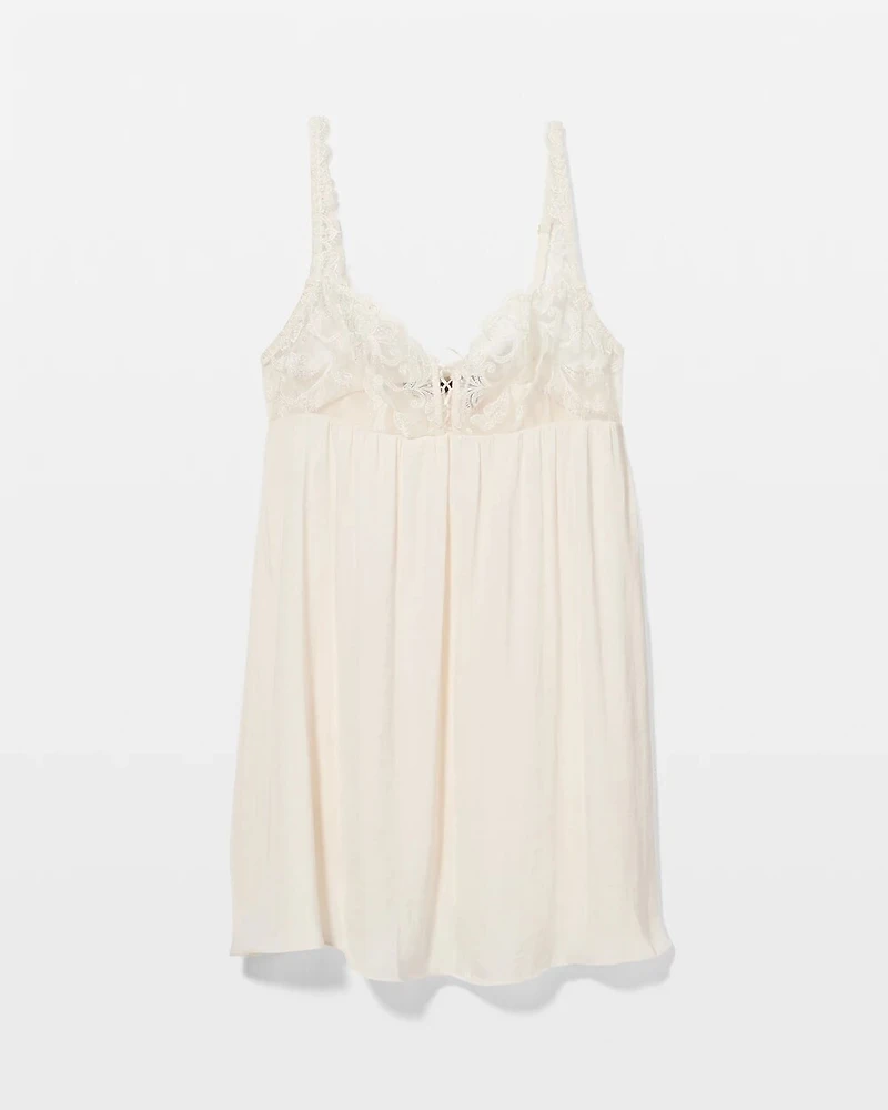 Crinkle Satin + Embroidery Babydoll Chemise