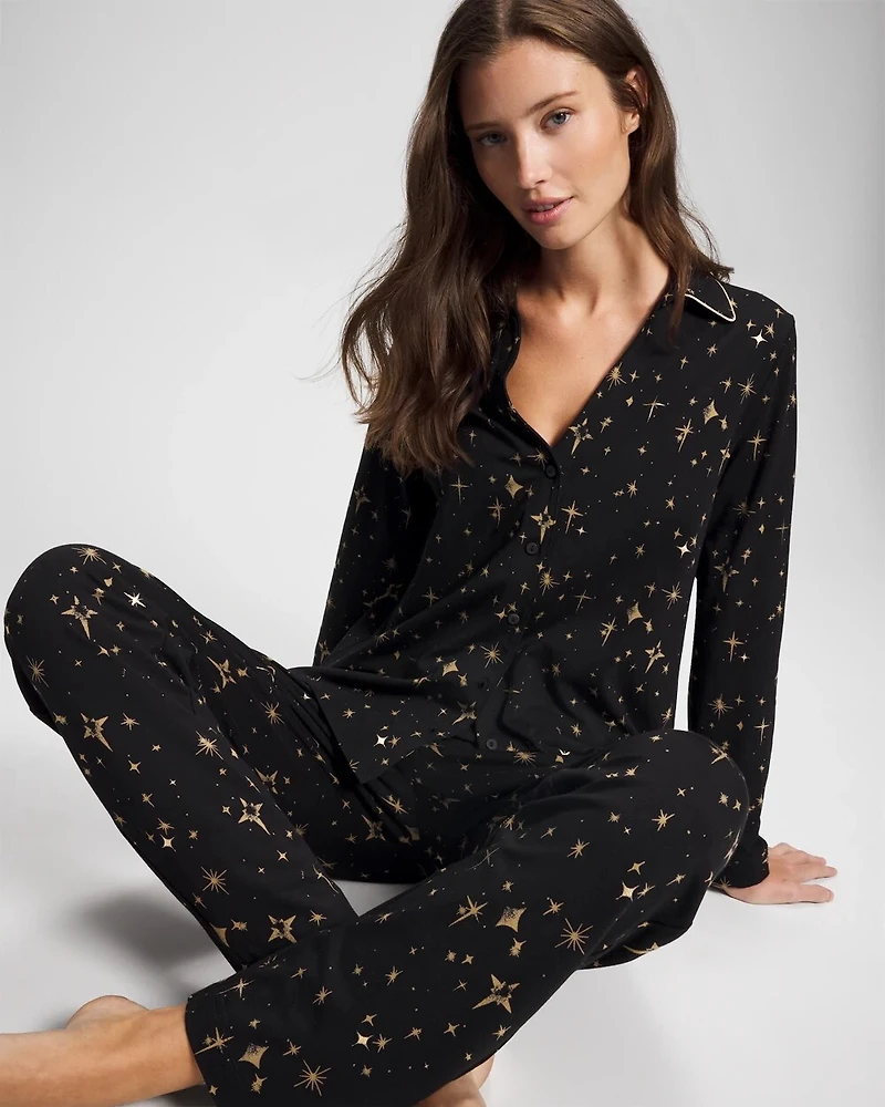 Long-Sleeve Notch Collar Pajama Top