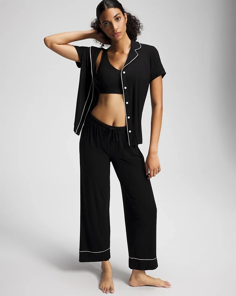 Solid Short Sleeve Notch Collar Pajama Top