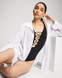 Solid Essentials Button Down Cover-Up Shirt