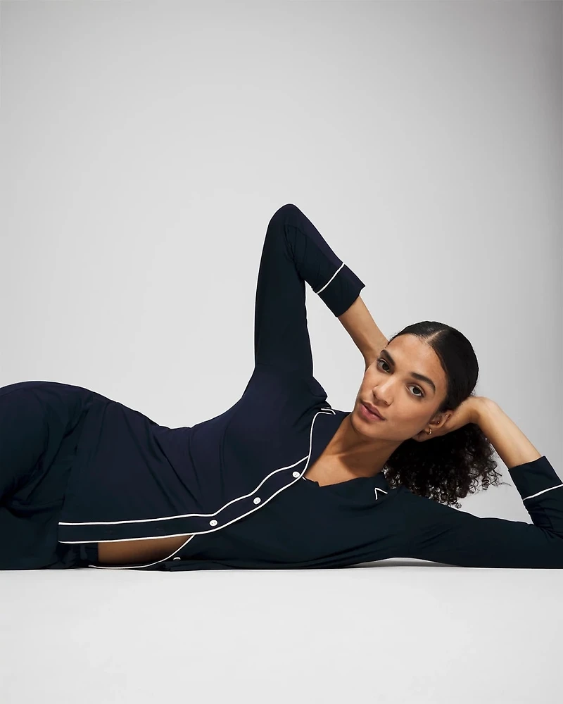 Long-Sleeve Notch Collar Pajama Top