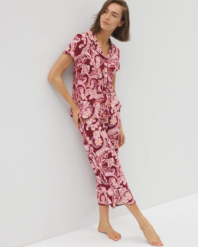 Piped Short Sleeve Notch Collar Pajama Top