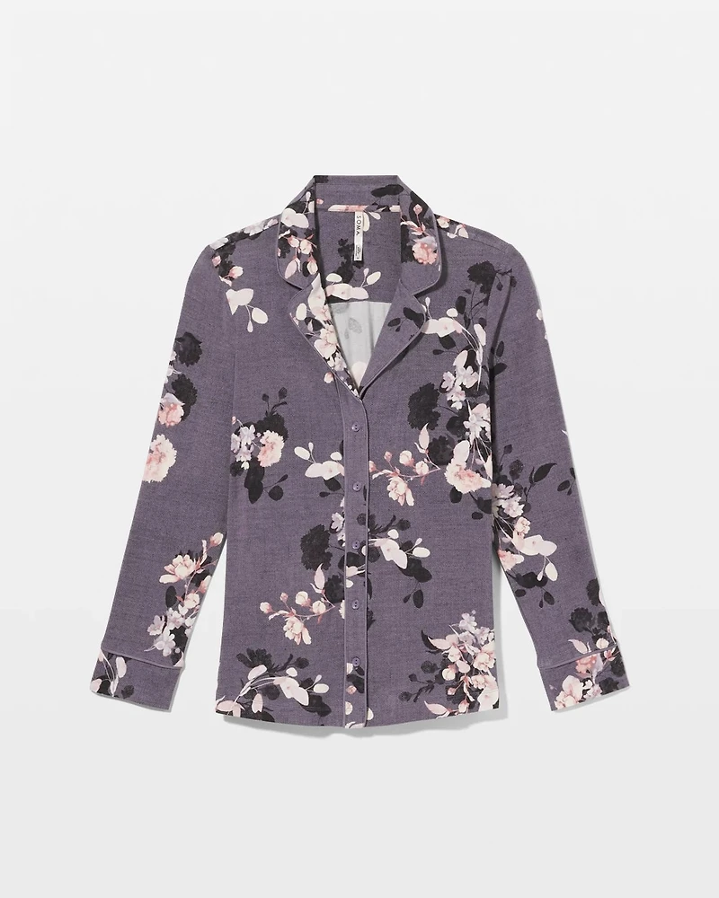 Long-Sleeve Printed Notch Collar Pajama Top