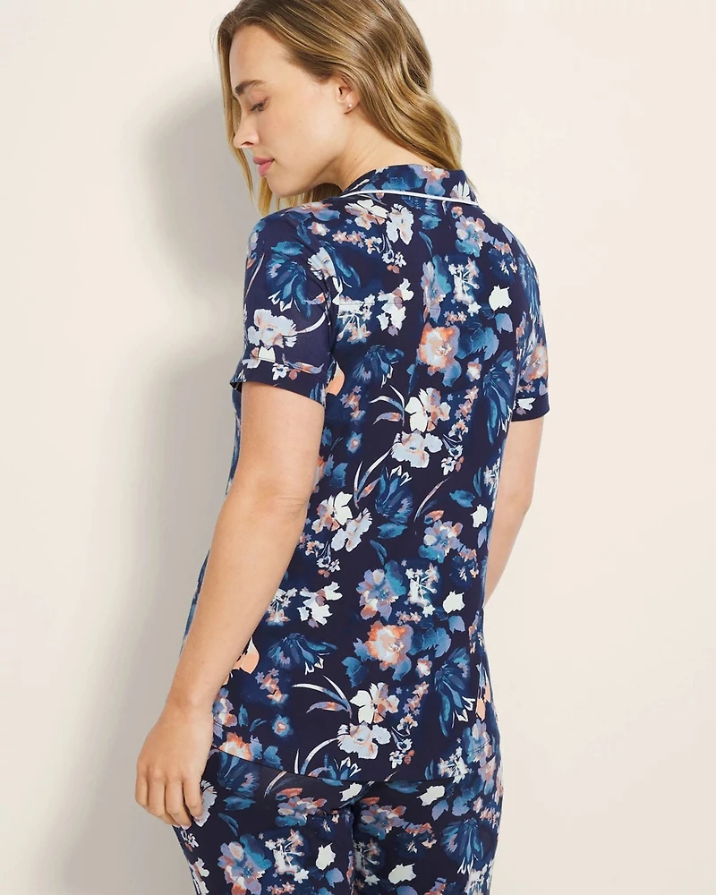 Piped Short Sleeve Notch Collar Pajama Top