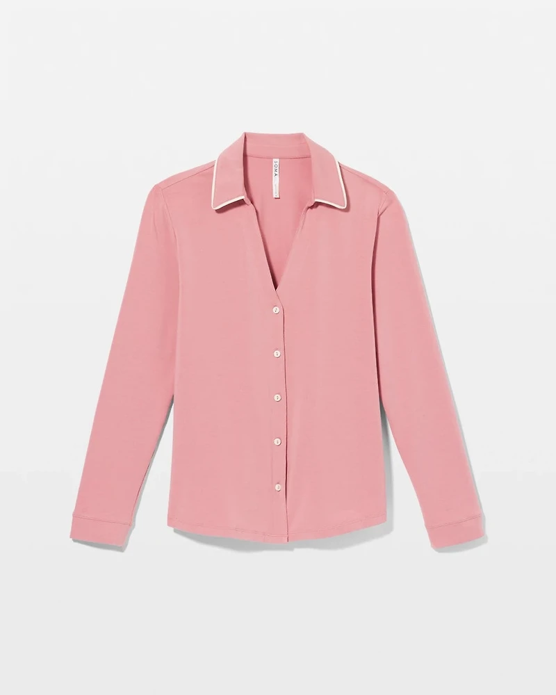 Long-Sleeve Notch Collar Pajama Top