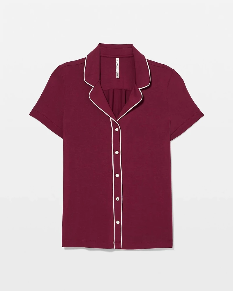 Solid Short Sleeve Notch Collar Pajama Top