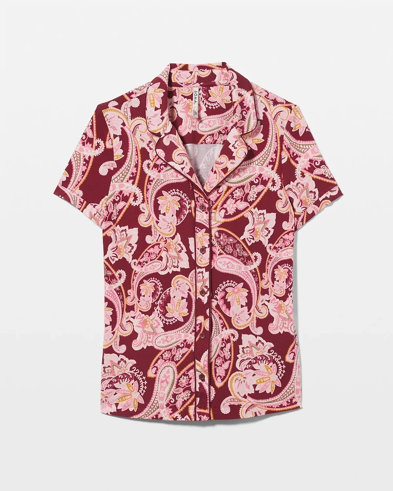 Piped Short Sleeve Notch Collar Pajama Top