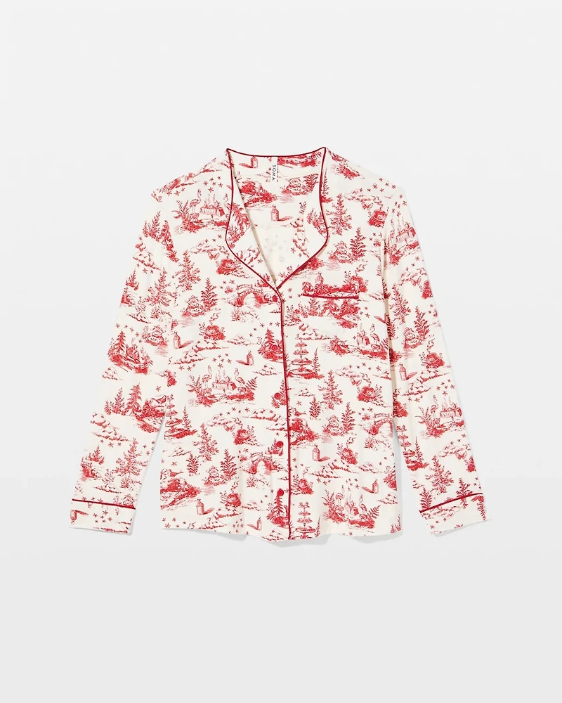 Piped Long-Sleeve Notch Pajama Top