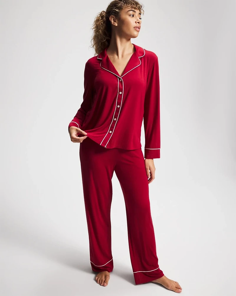 Long Sleeve Notch Collar w/ Piped Placket Pajama Top