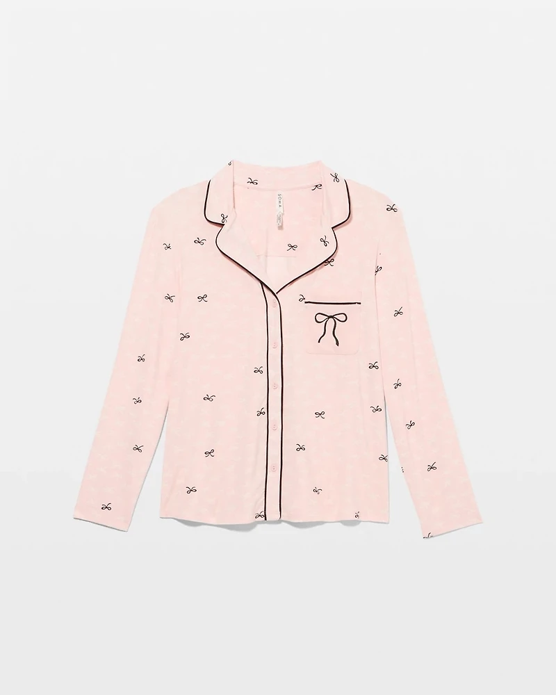 x BCRF Printed Long-Sleeve Notch Collar Pajama Top