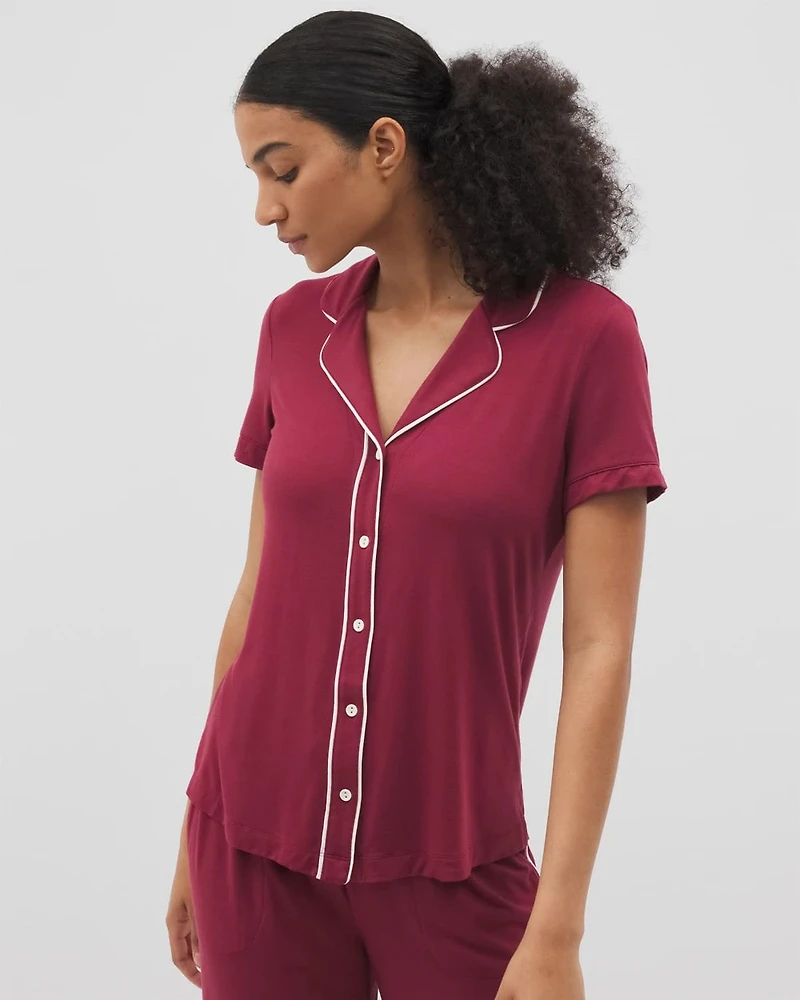 Solid Short Sleeve Notch Collar Pajama Top