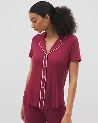 Solid Short Sleeve Notch Collar Pajama Top