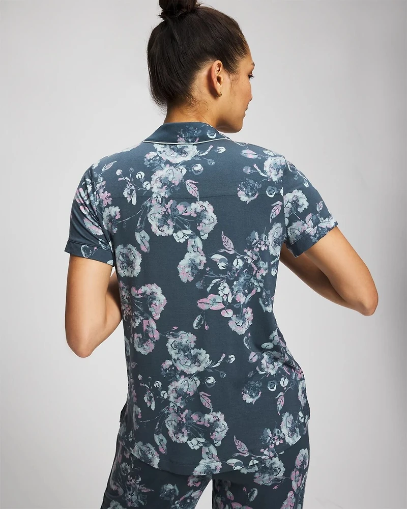 Piped Short Sleeve Notch Collar Pajama Top
