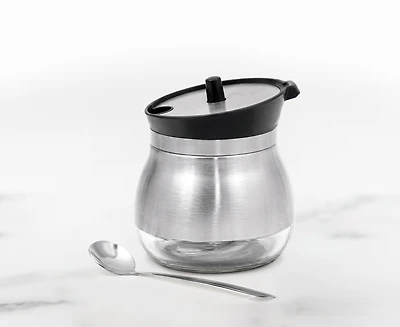 Pot à condiments en acier inoxydable et verre avec cuillère