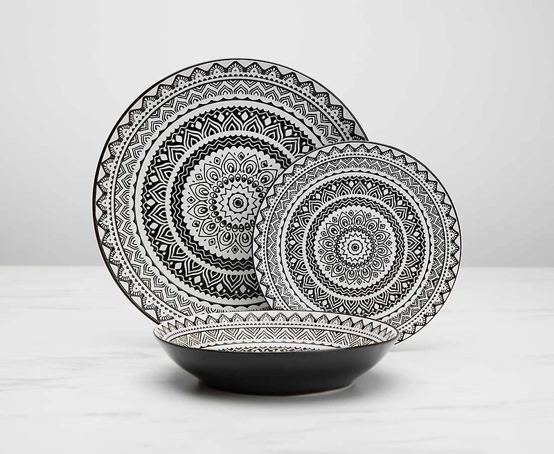 Ensemble de vaisselle de 12 pièces Maasai, blanc et noir