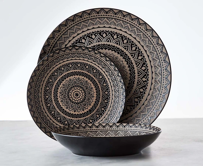 Ensemble de vaisselle de 12 pièces Maasai, taupe et noir