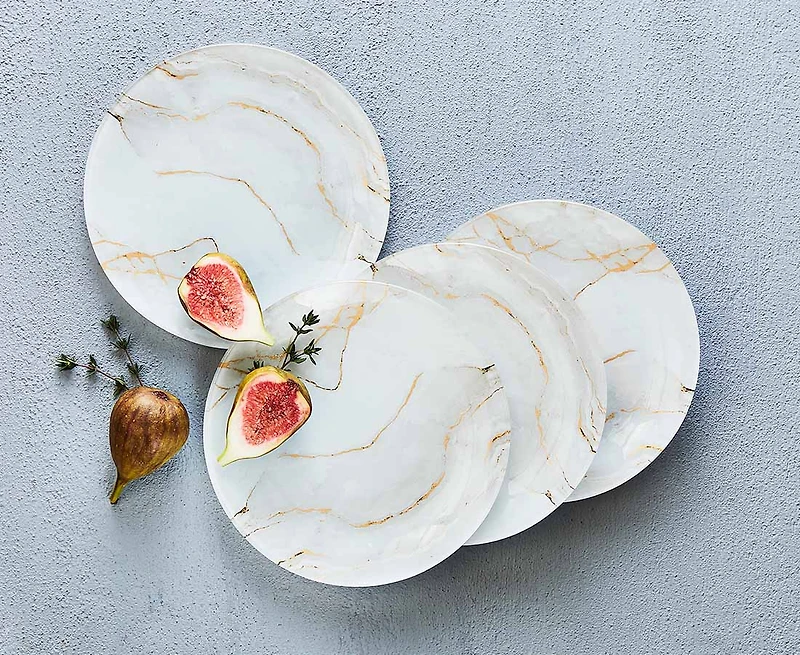 Assiettes rondes aspect marbre Carrara, ensemble de 4