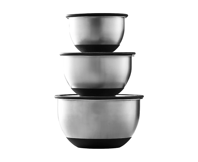 Ensemble de 3 bols à mélanger avec couvercle en verre Orion thinkkitchen, argent et noir