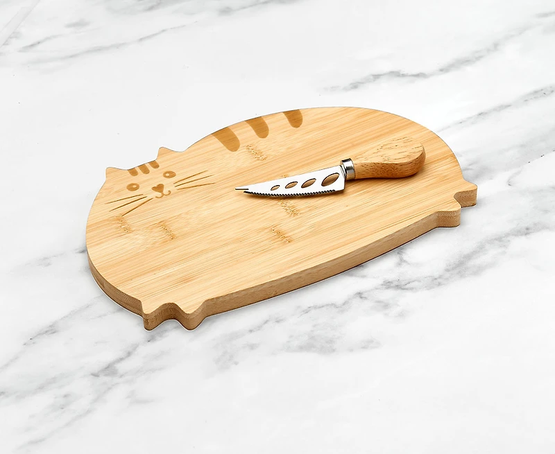 Planche en bambou Minou avec couteau à fromage, couleur naturelle du bois