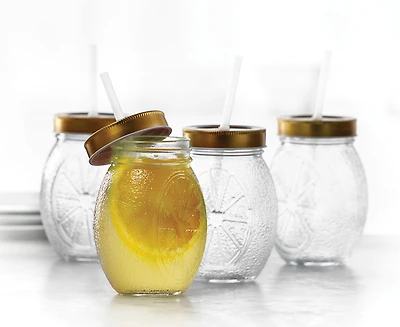 Ensemble de 4 pots à boire avec couvercle et paille Limon, transparent et or