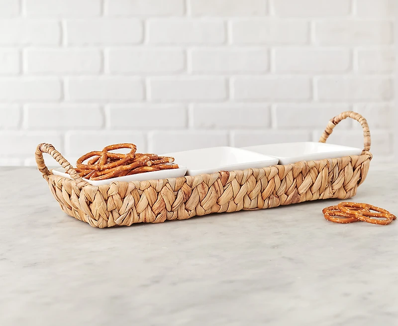Ensemble de 4 bols avec panier en jacinthe d'eau Catalina, blanc et naturel