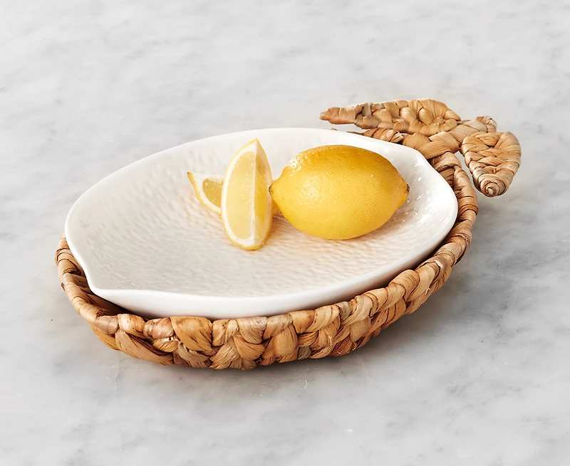 Assiette en forme de citron avec plateau en jacinthe d'eau Catalina, blanc et naturel