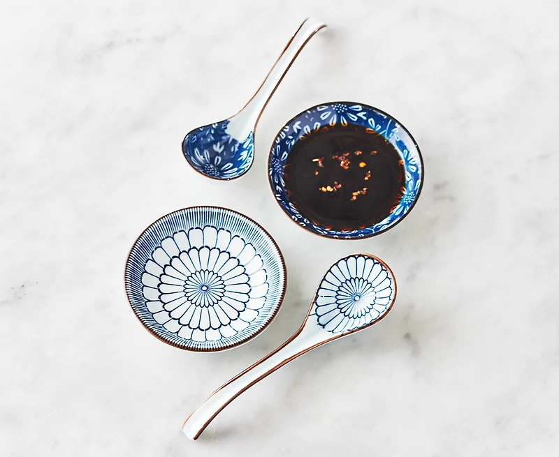 Ensemble de deux plats à sauce et cuillères à soupe Midori, bleu