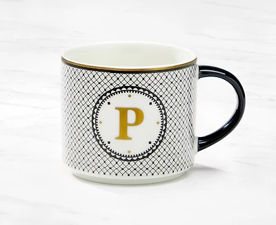 Monogram Mug with Letter P, Black and Gold, 480 ml