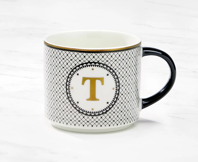 Tasse monogramme avec lettre T, noir et or, 480 ml