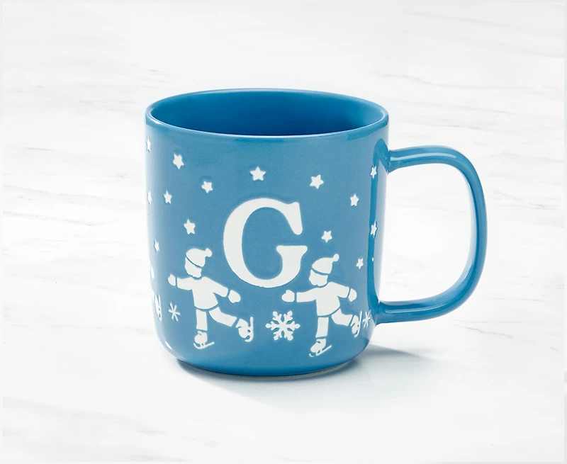 Tasse monogramme avec motif patin et lettre G, bleu et blanc, 370 ml